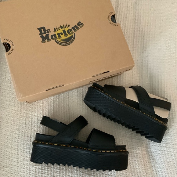 Dr. Martens Shoes - Dr Doc Martens Voss Women's Leather Strap Platform Sandals Heels Shoes in Black